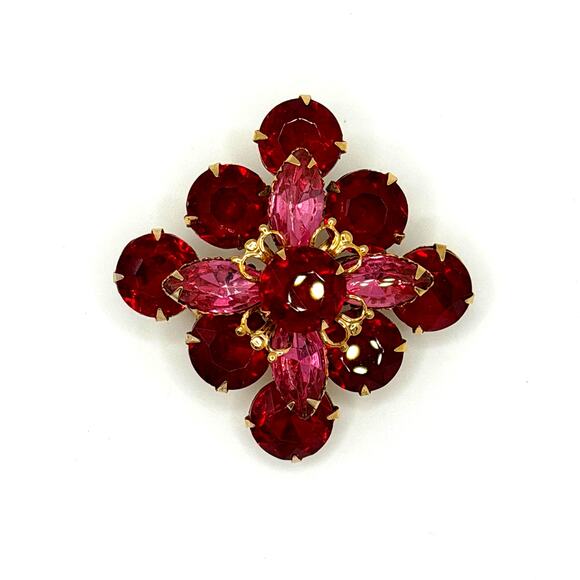 Source Unknown Jewelry - Vintage Gold‑Tone Floral Brooch – Ruby/Pink Glass Stones (c. 1940s–1950s)
